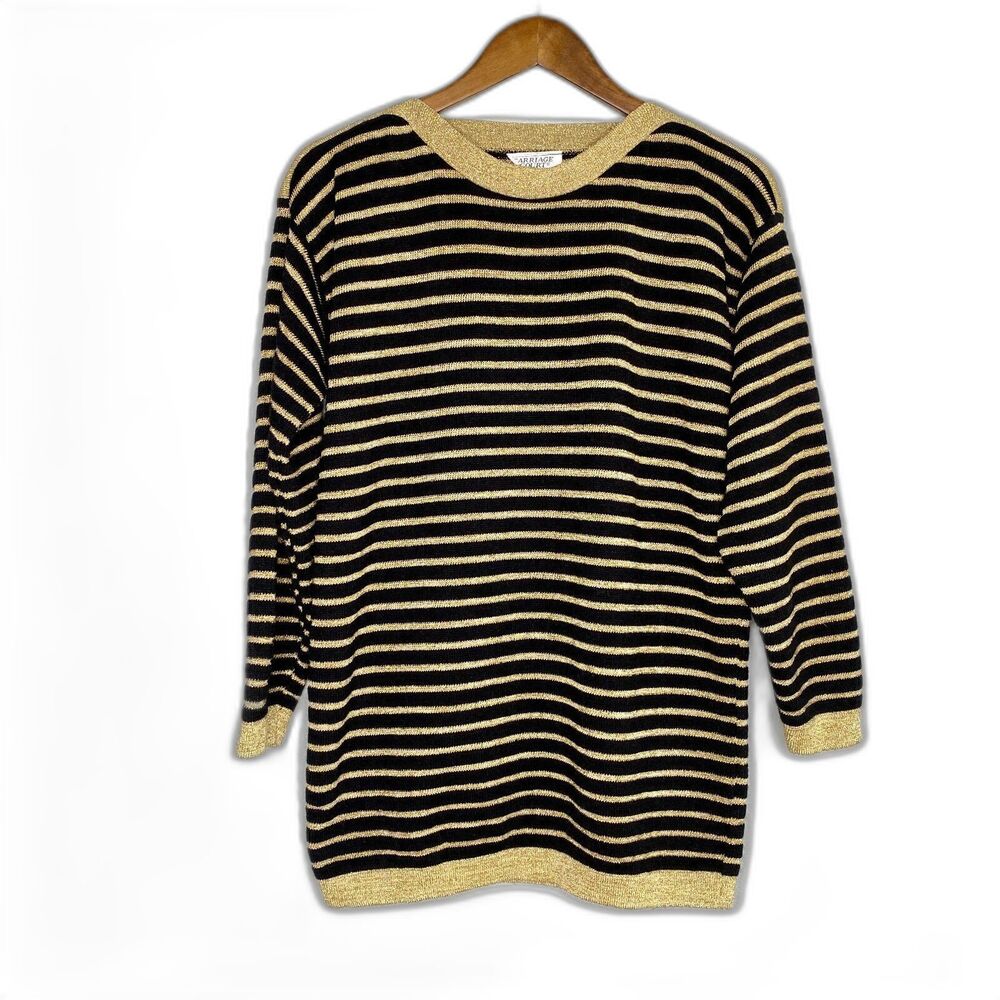 VTG Carriage Court Metallic Gold & Black Striped Pullover Sweater Women's Large